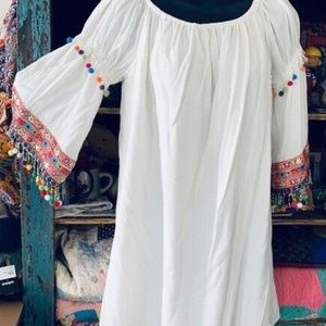 Stellah Off The Shoulder Boho Pom Pom Dress/Cover Up